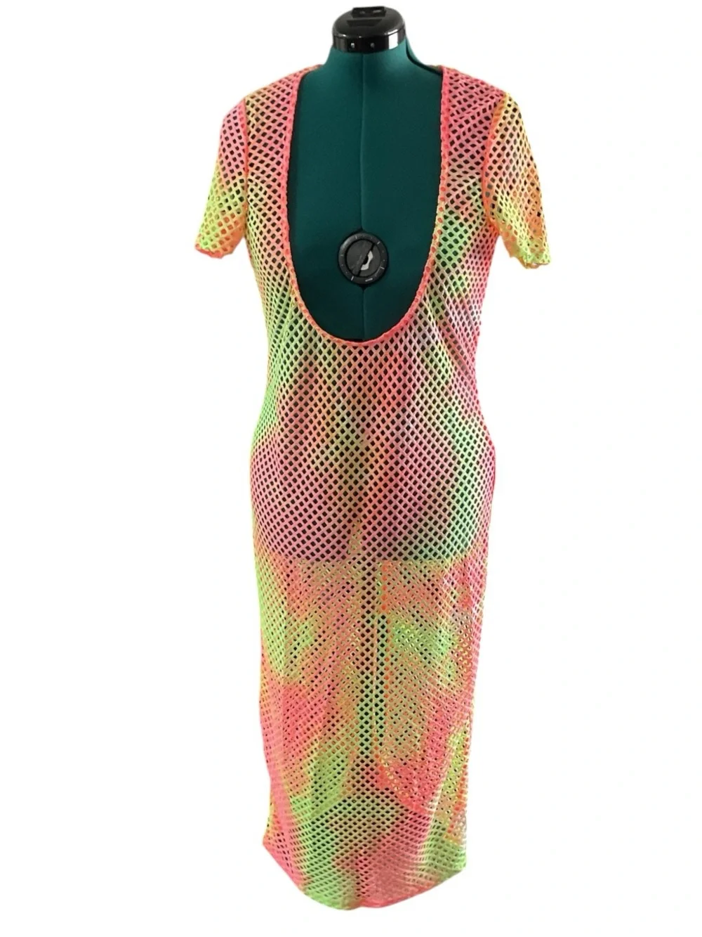 NWOT Neon Open-Knit Swim Cover-Up Dress in Pink & Green
